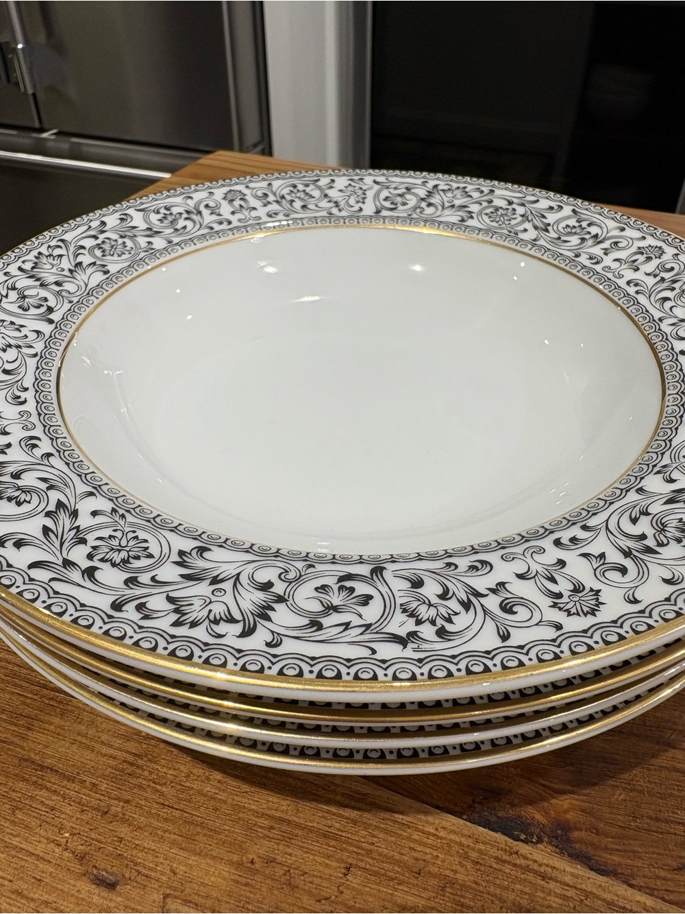 Spanish Lace by Sango Elegant Black & Gold Floral Rim Soup Bowls